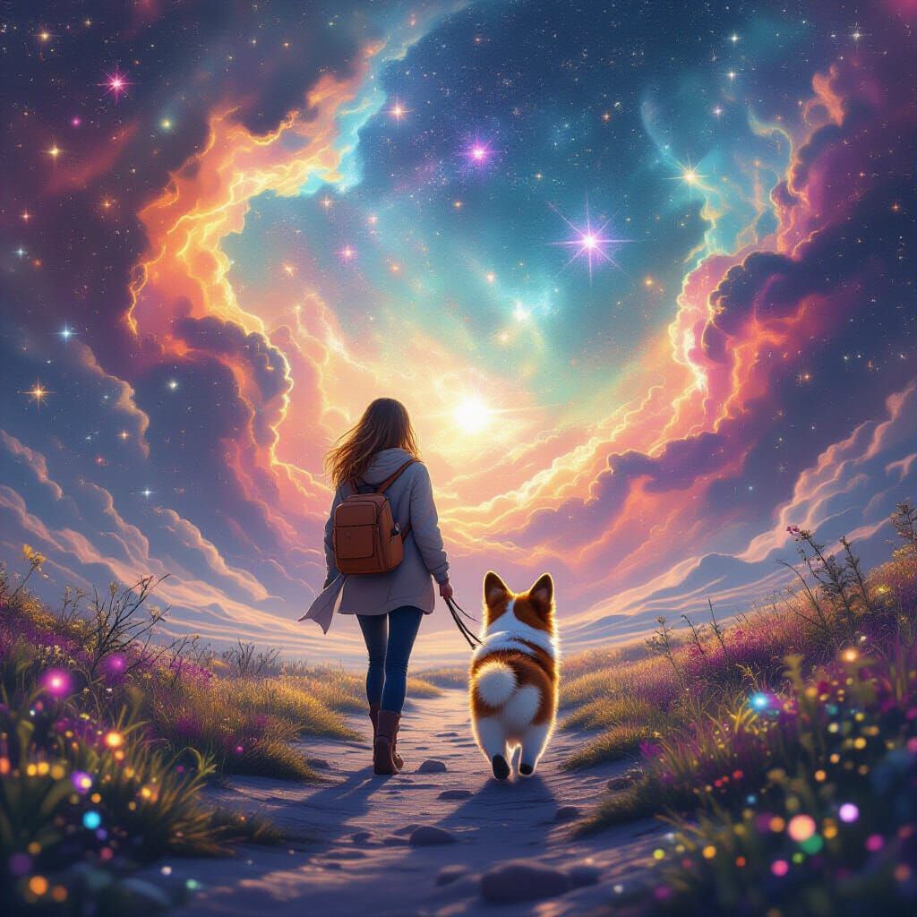Woman Walks Corgi Through Sparkling Cosmic Nebula