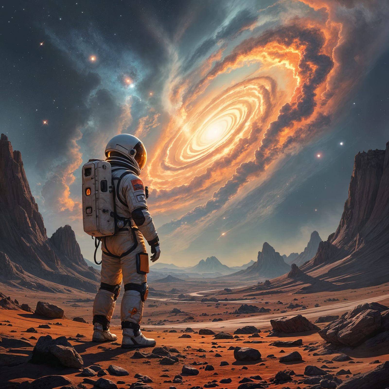 Astronaut on Alien Planet Gazing at Nebula