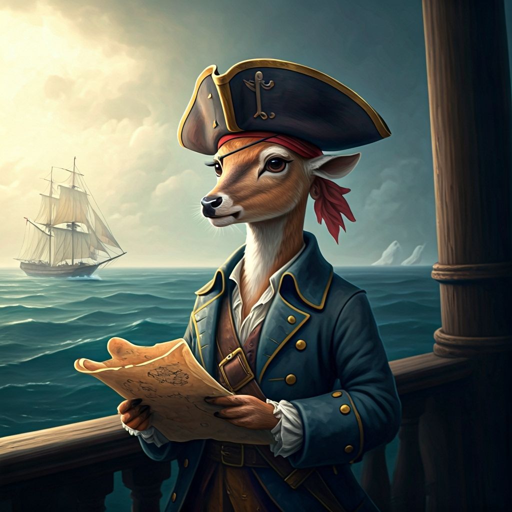 Deer Pirate Captain on Misty Seas in Storybook Style