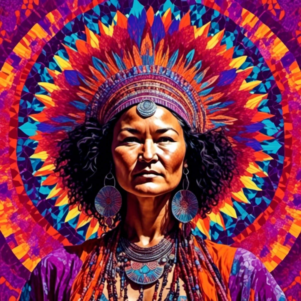 <lora:kaleidoscopeStyle:1.0> <lora:IndigenousWoman:1.0> background: radial kaleidoscope, pretty colors Indigenous woman ...