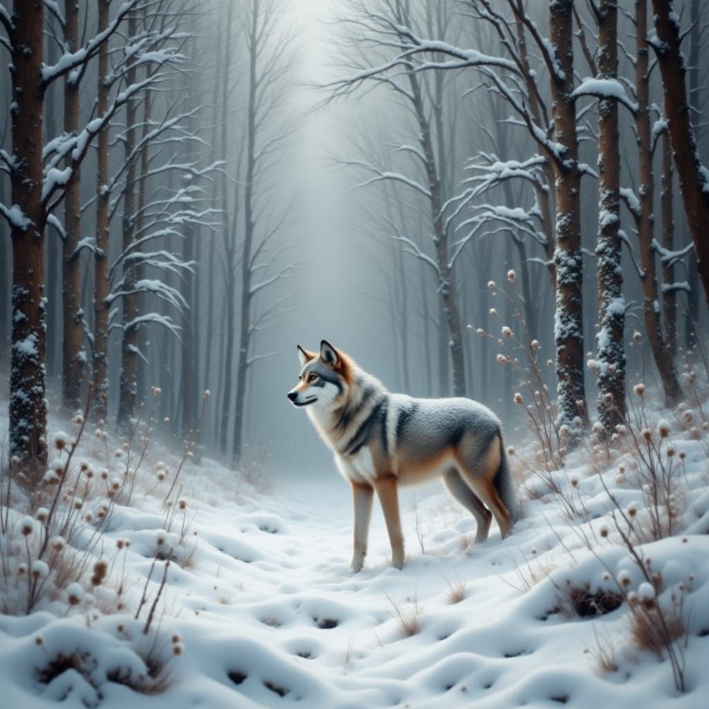 Stunning Young Wolf in Snowy Forest in Watercolor Style