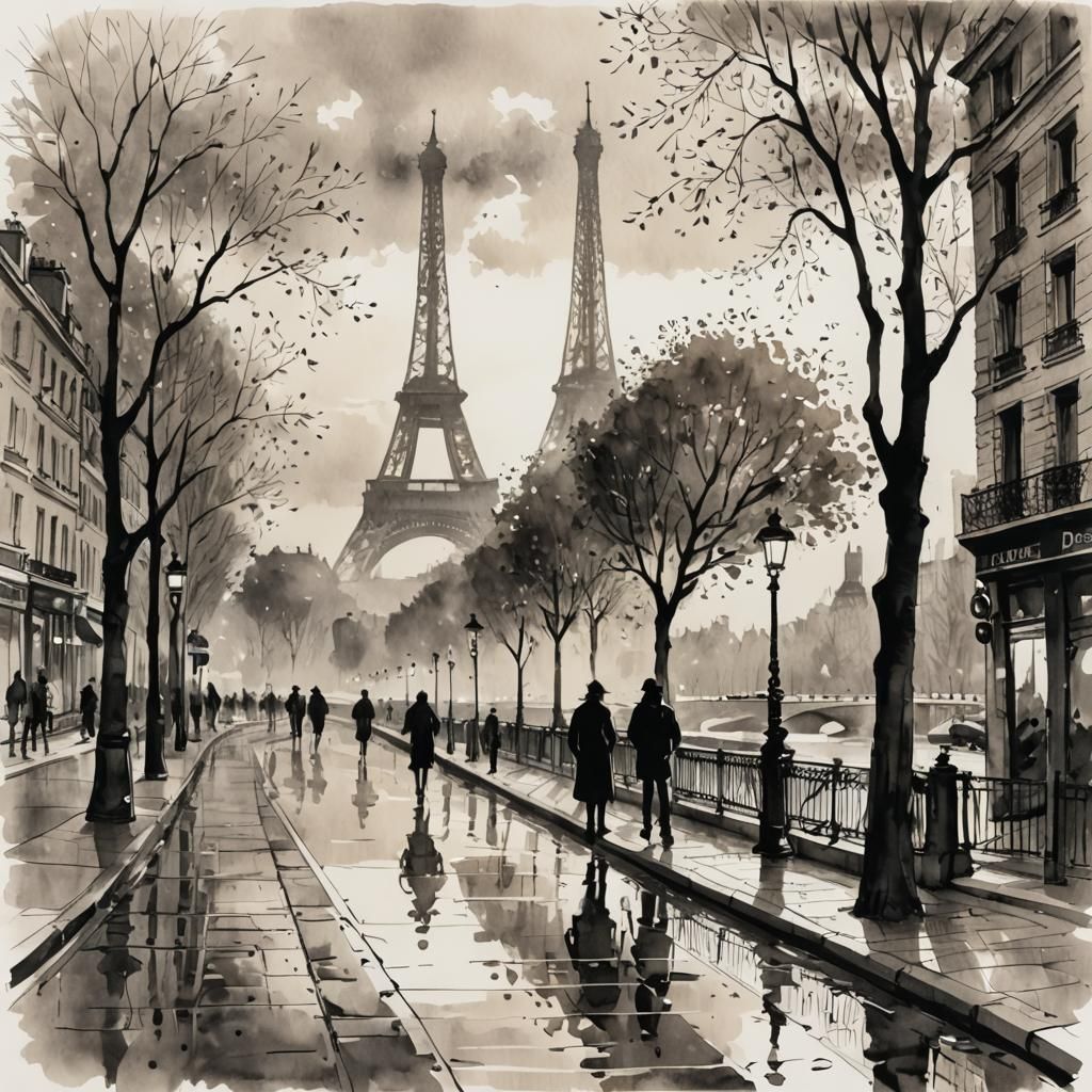 Paris Street Scene in Monochromatic Ink