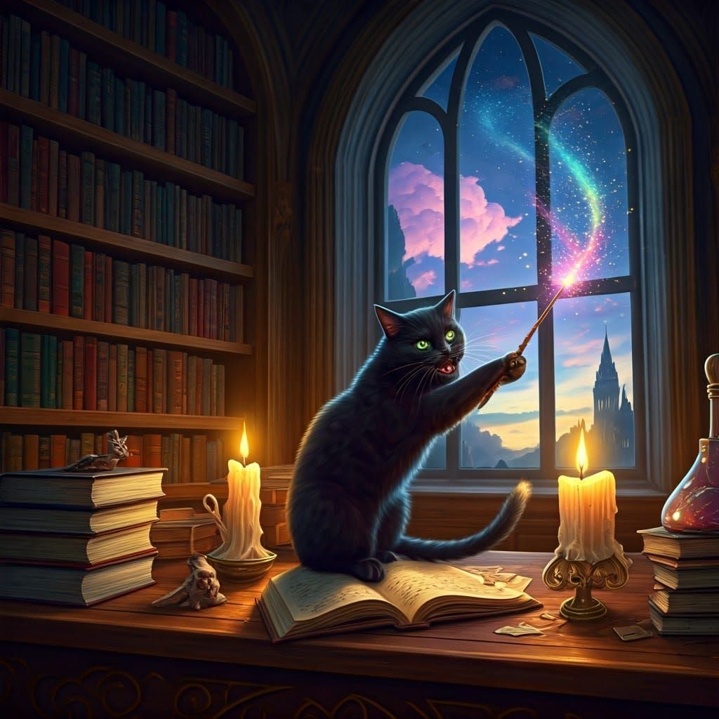 Enchanted Black Cat in Wizard's Castle, Digital Art