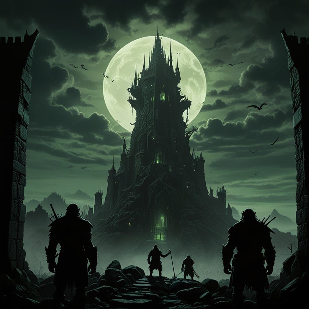 Orcs Gaze Upon Sauron's Tower in Dark Fantasy Art