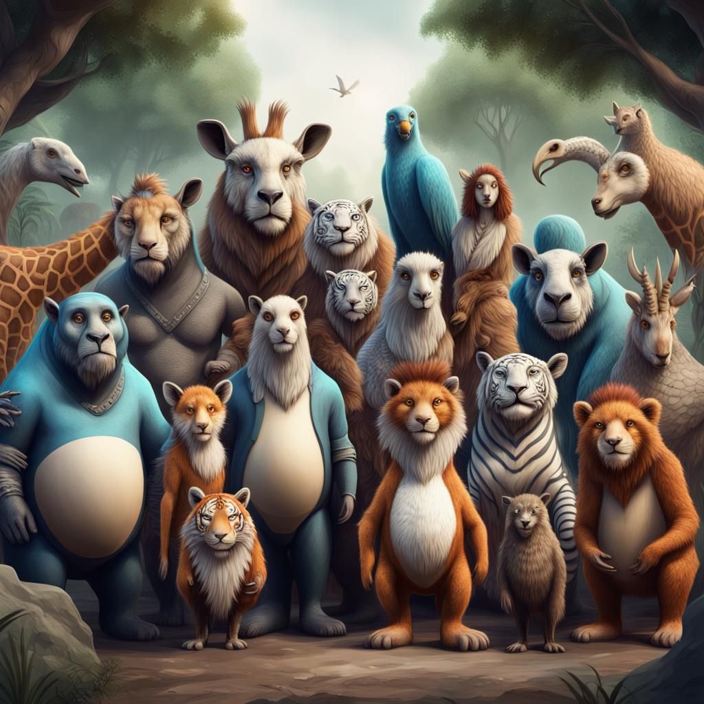Anthropomorphic Zoo Animals Group Photo in Fantasy Style