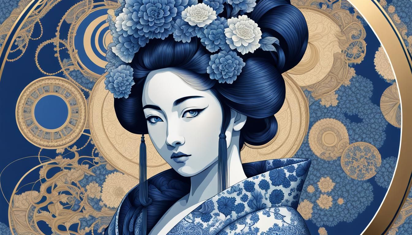 Delft Blue Geisha in Psychedelic Op-Art Style