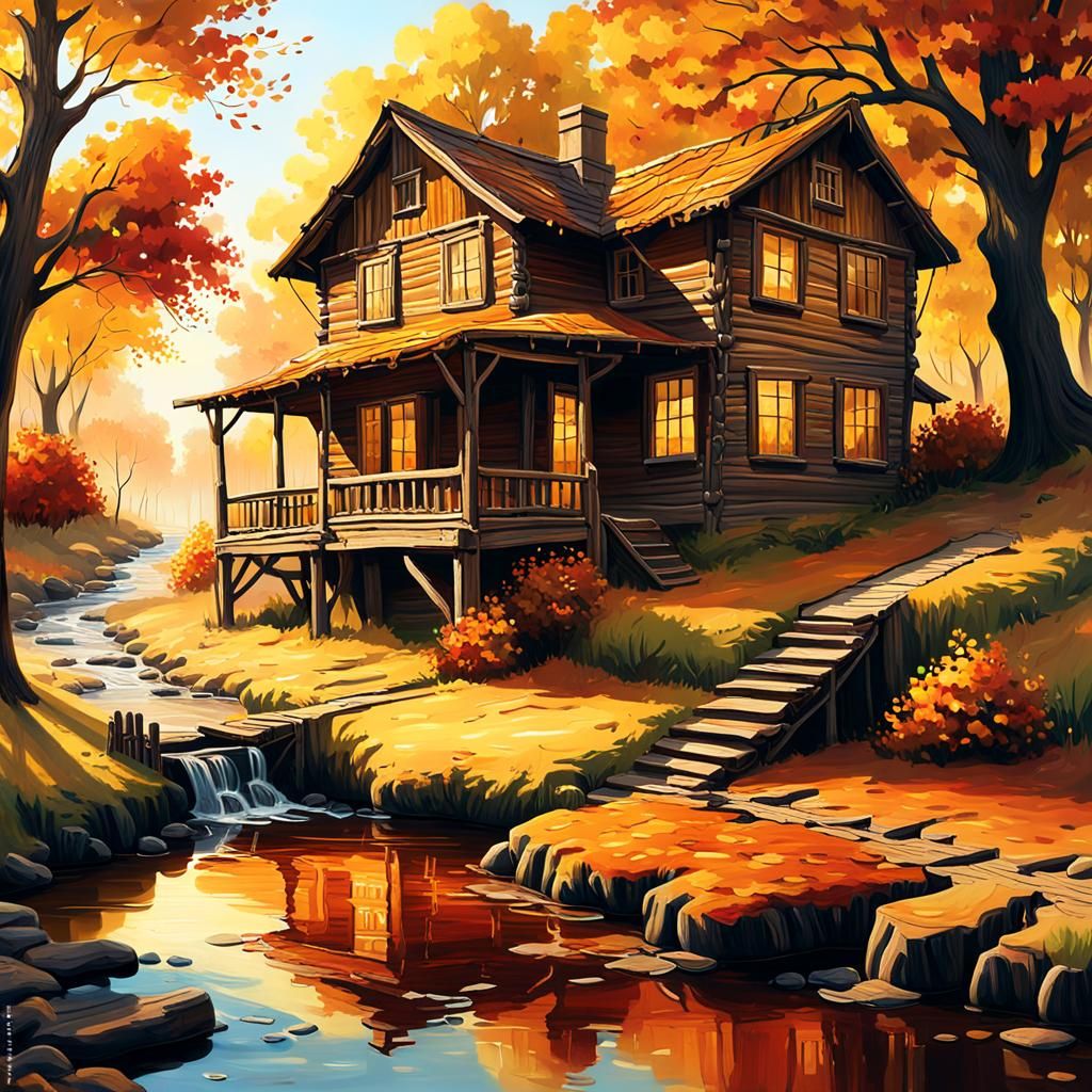 Golden Light on Old Wooden House: Warm Oil Painting