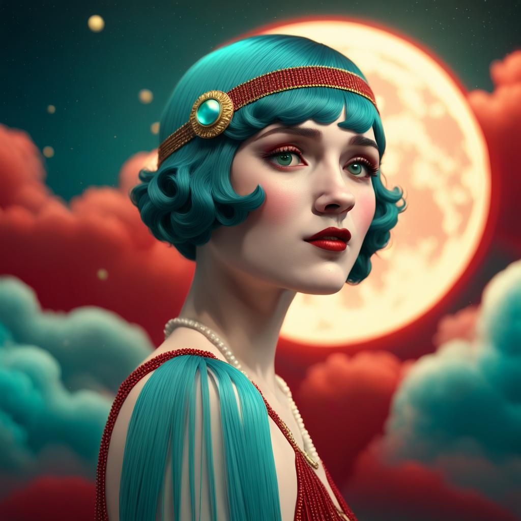 Eerie Celestial Flapper in Teal and Gold