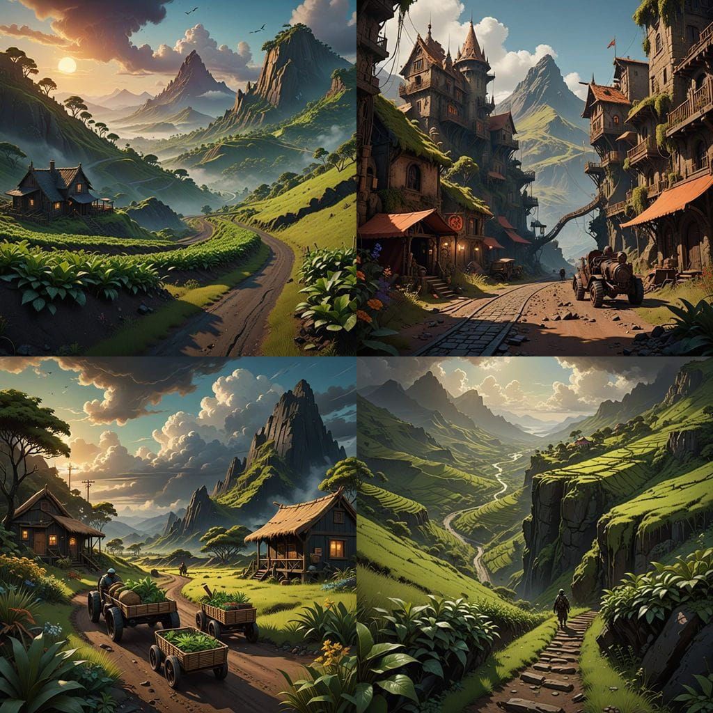 Medieval Roadbuilders Amidst Lush Coffee-Covered Volcanic La...