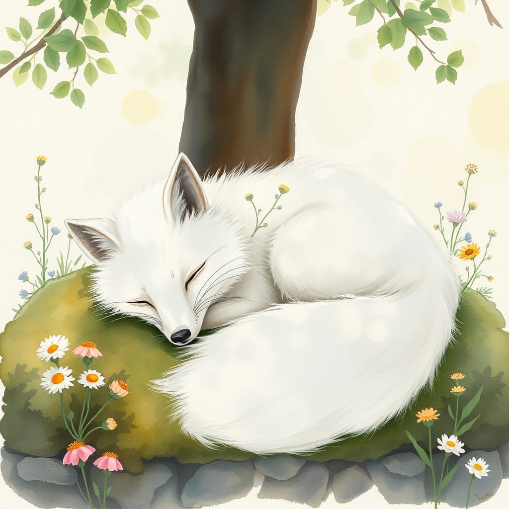 Arctic Fox Asleep in Dreamy Watercolor Forest