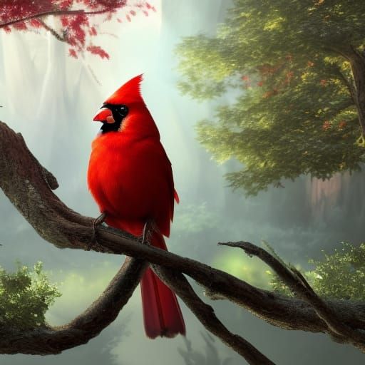 Cardinal in Tree: Detailed Matte Painting