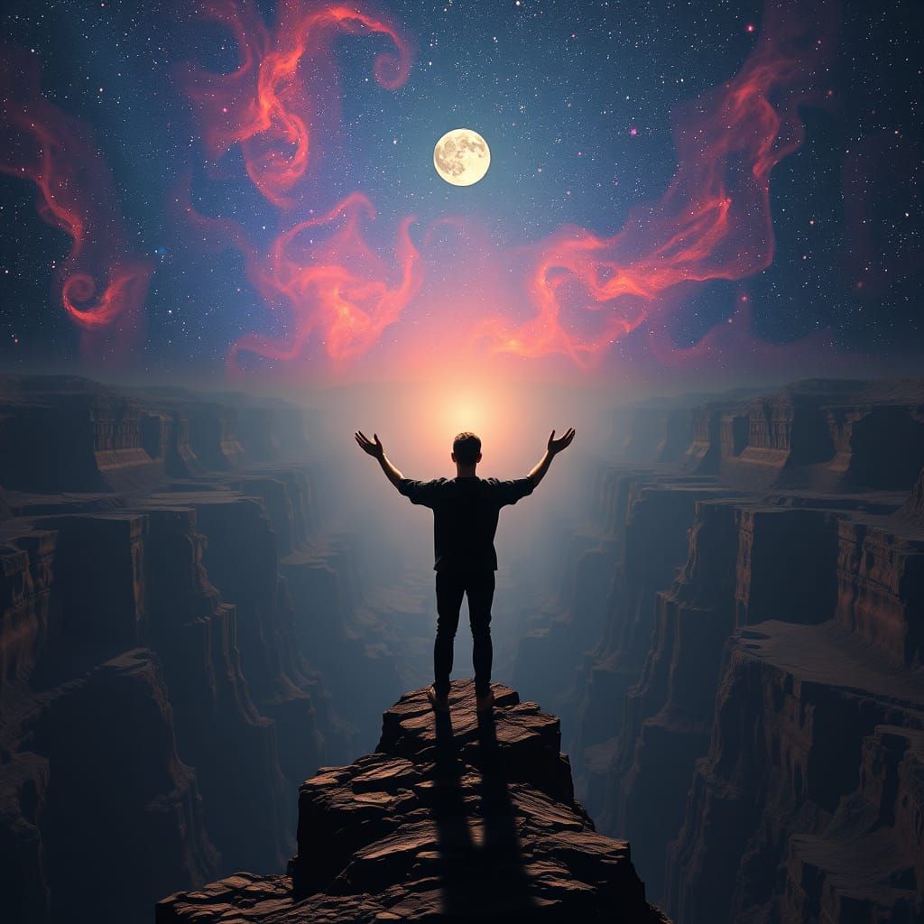 Cosmic Canyon Contemplation in Surrealist Style