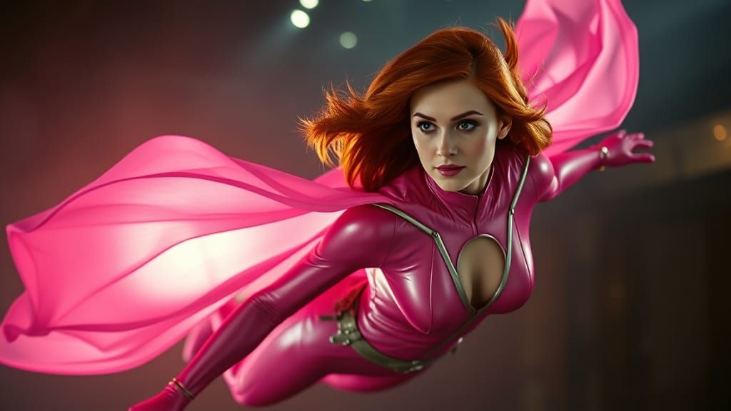 Cinematic Film Still of Redhead Atom Eve in Pink Costume