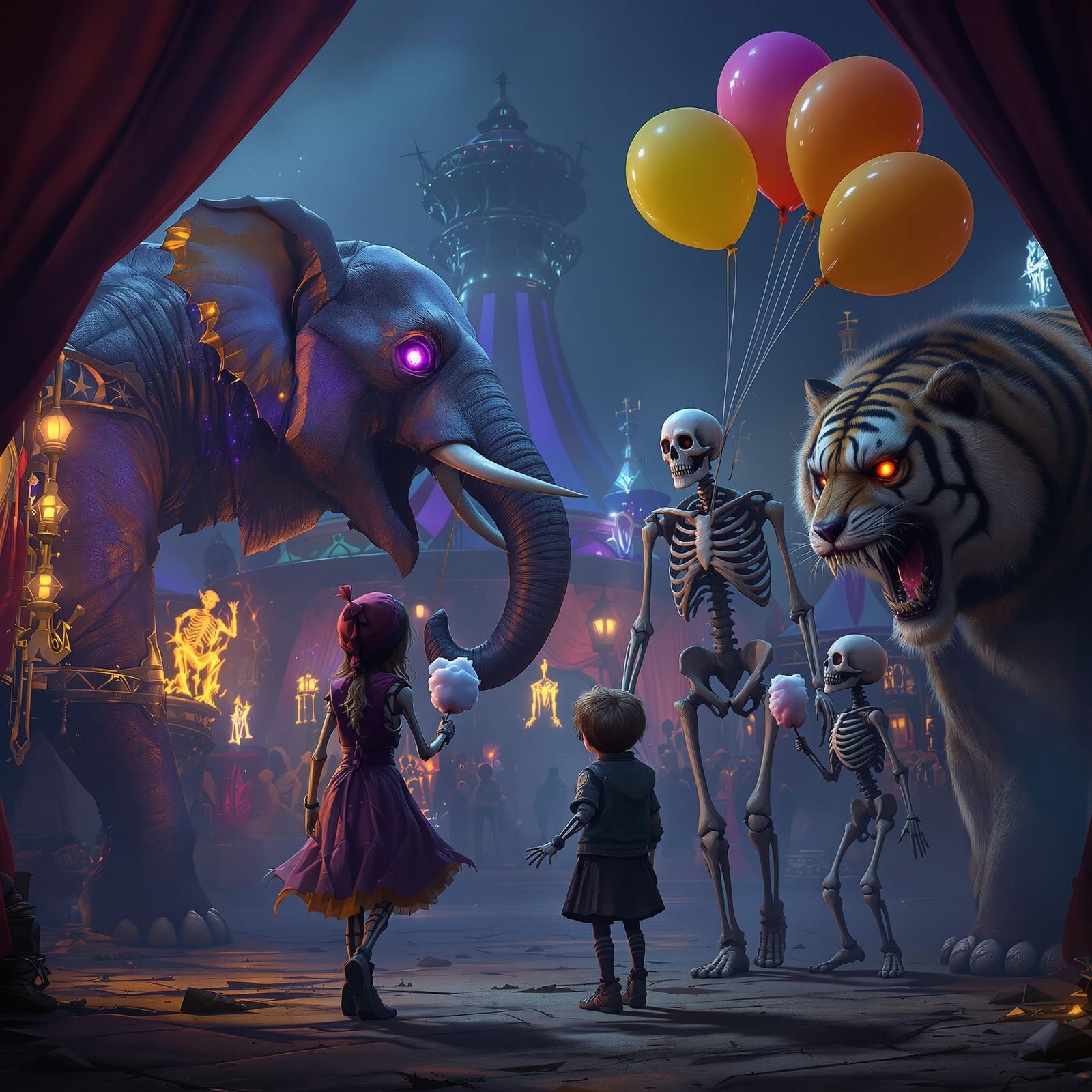 Skeleton Family at Circus in Dark Fantasy Style