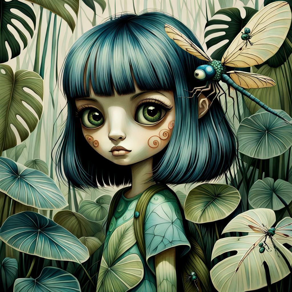 Big-Eyed Girl with Dragonflies and Monstera Leaves