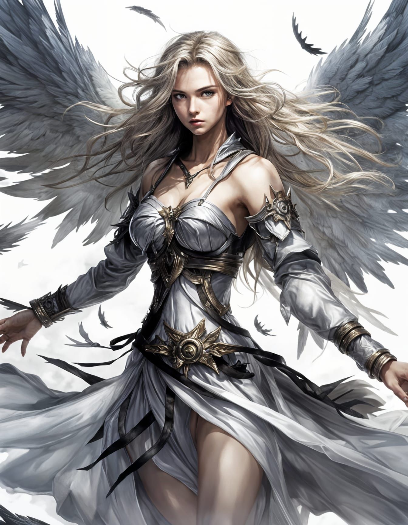Female Dark Silver Angel in a Battle Stance, Surrounded by W...
