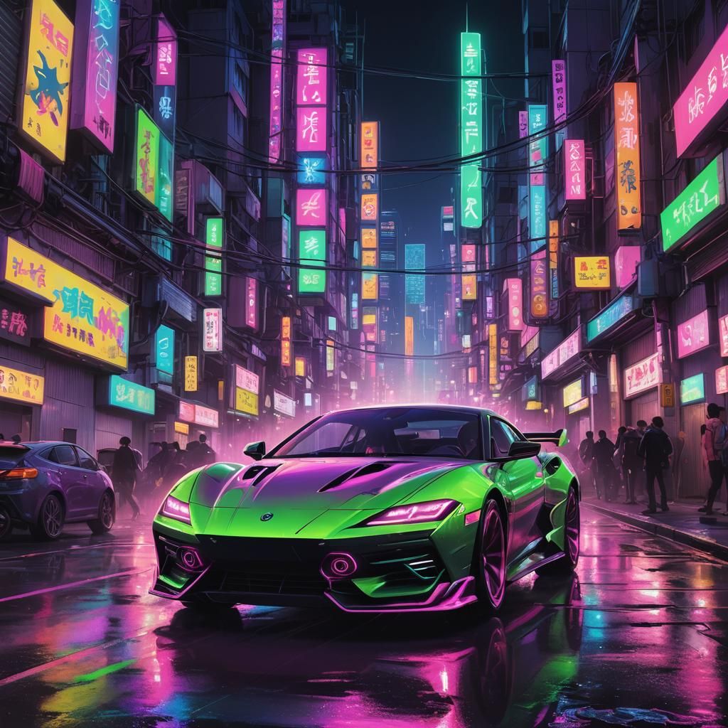 Neon Sports Car Driven by Aliens in Cyberpunk Tokyo