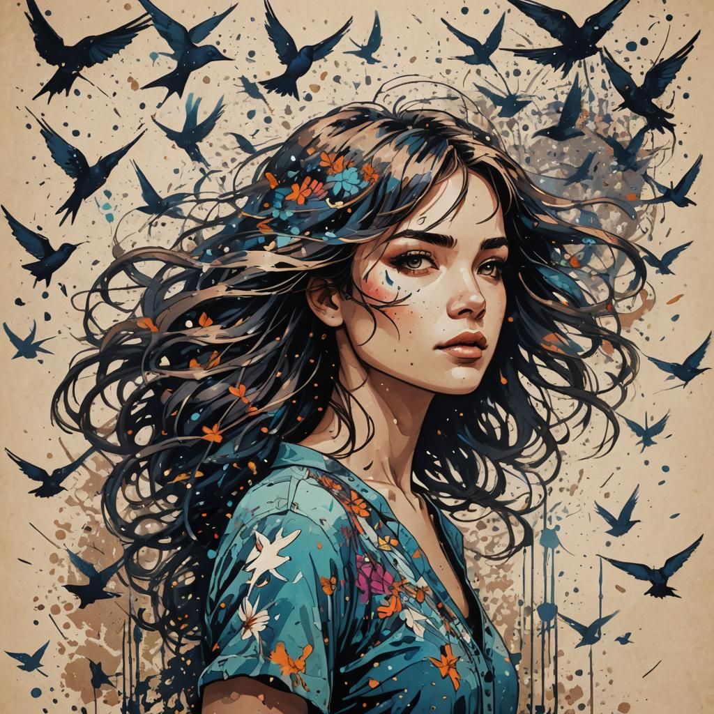 Girl with Ink Swallows: Art Nouveau Portrait