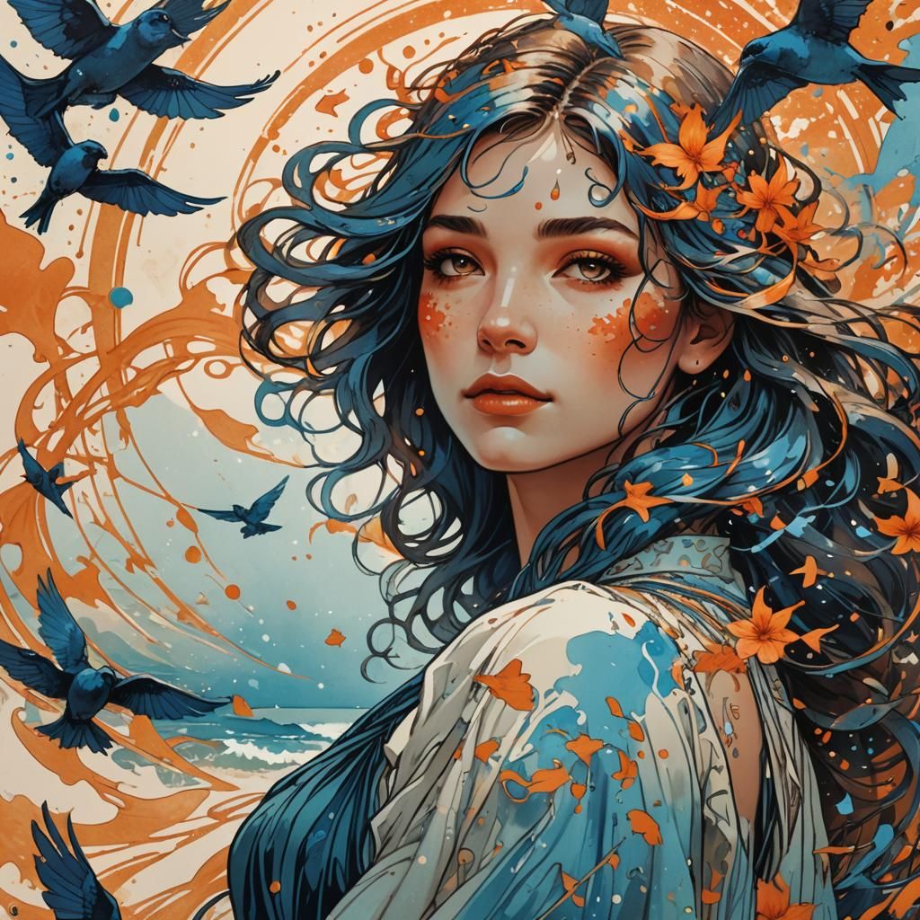 Ink Splatter Portrait of Girl in Art Nouveau Style