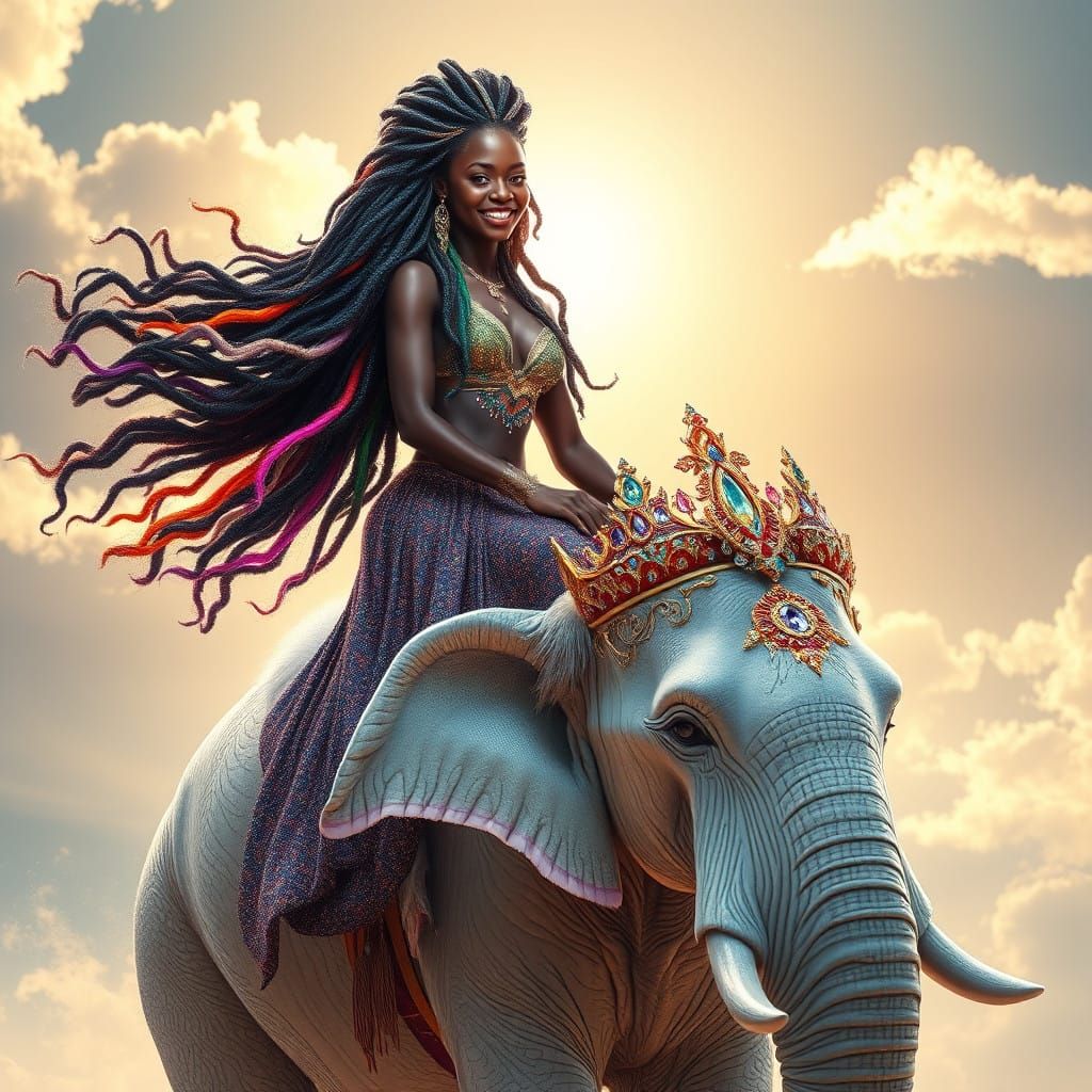 Majestic Ebony Goddess Rides White Elephant in Vibrant, Drea...