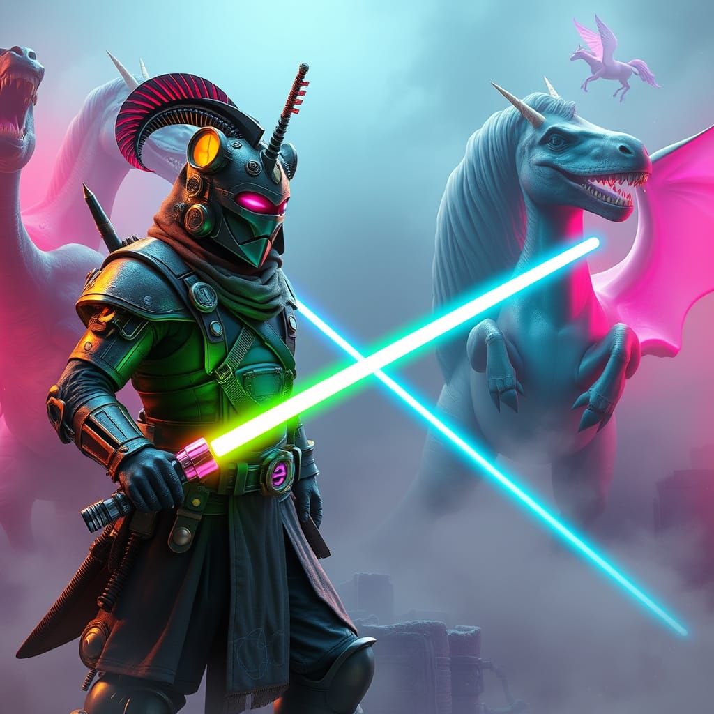 Steampunk Lightsaber Duel with Dinosaurs and Unicorns