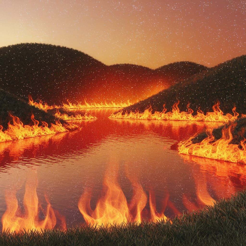 Fiery Lake Reflecting Stars in 3D Render