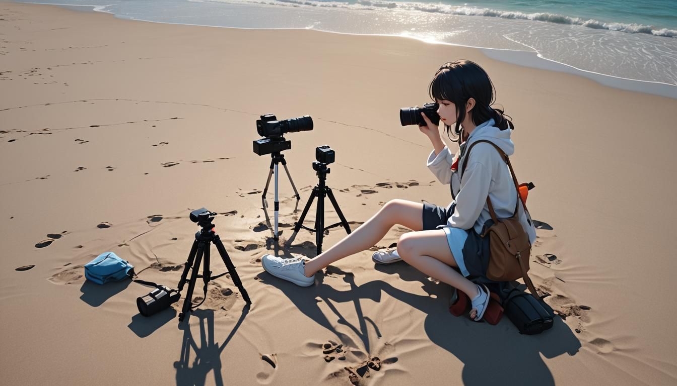 Anime Girl Photographing on Beach in 3D Style
