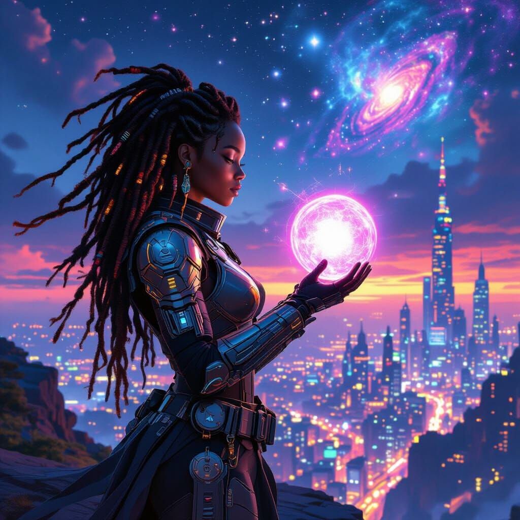 Cyberpunk Woman with Orb Overlooking Neon City