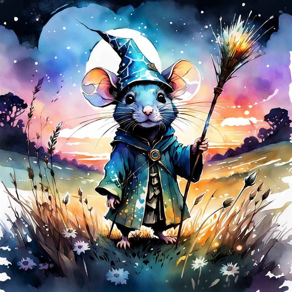 Cute Chibi Rat Wizard in Meadow, Watercolor Art