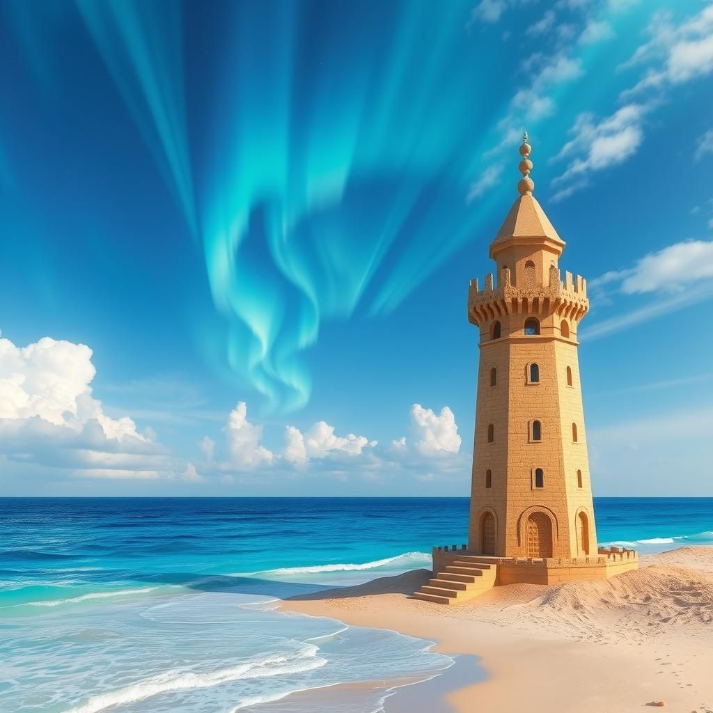 Lighthouse of Alexandria Sandcastle with Aurora Sky