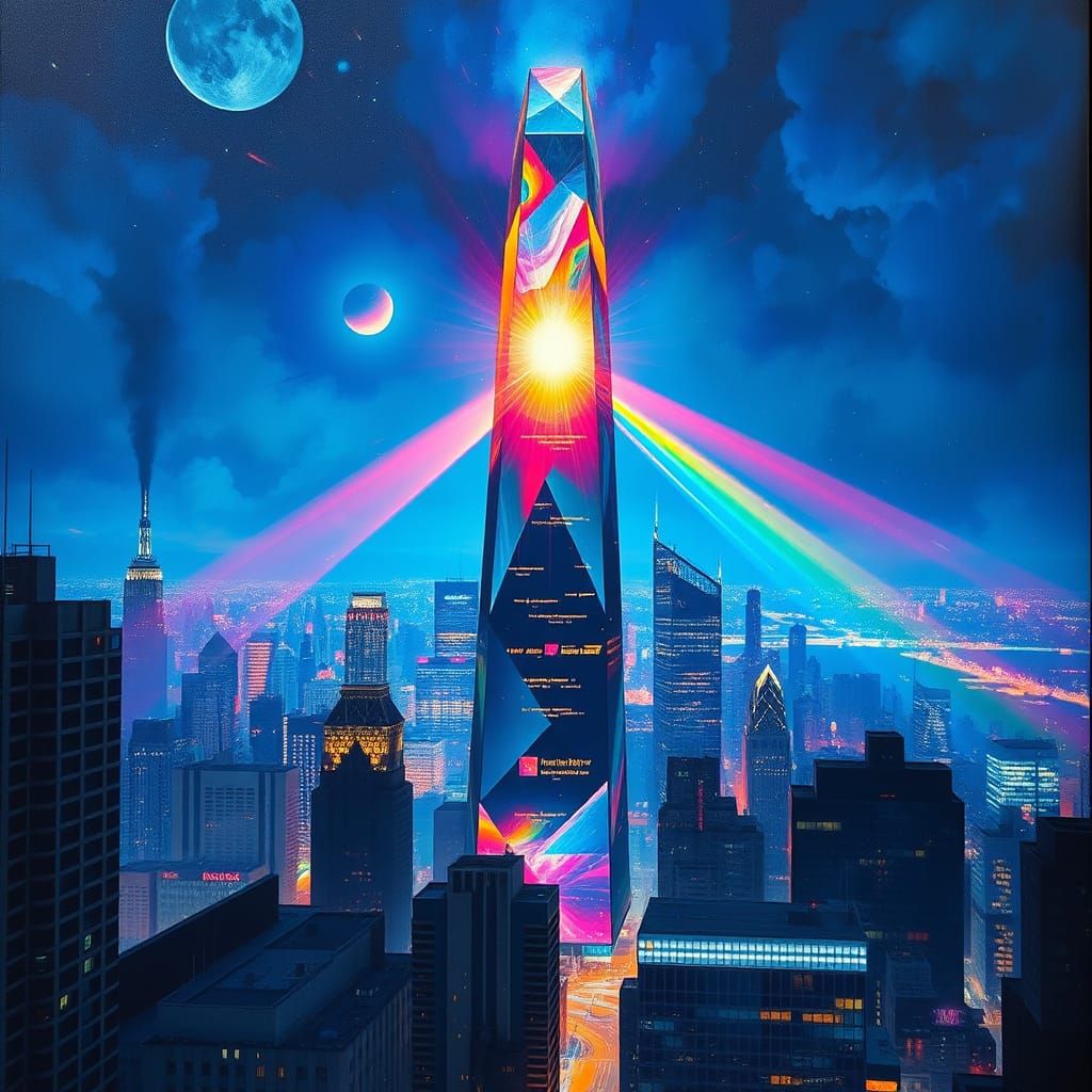 Colossal Prism Refracts Light in Dystopian Cityscape
