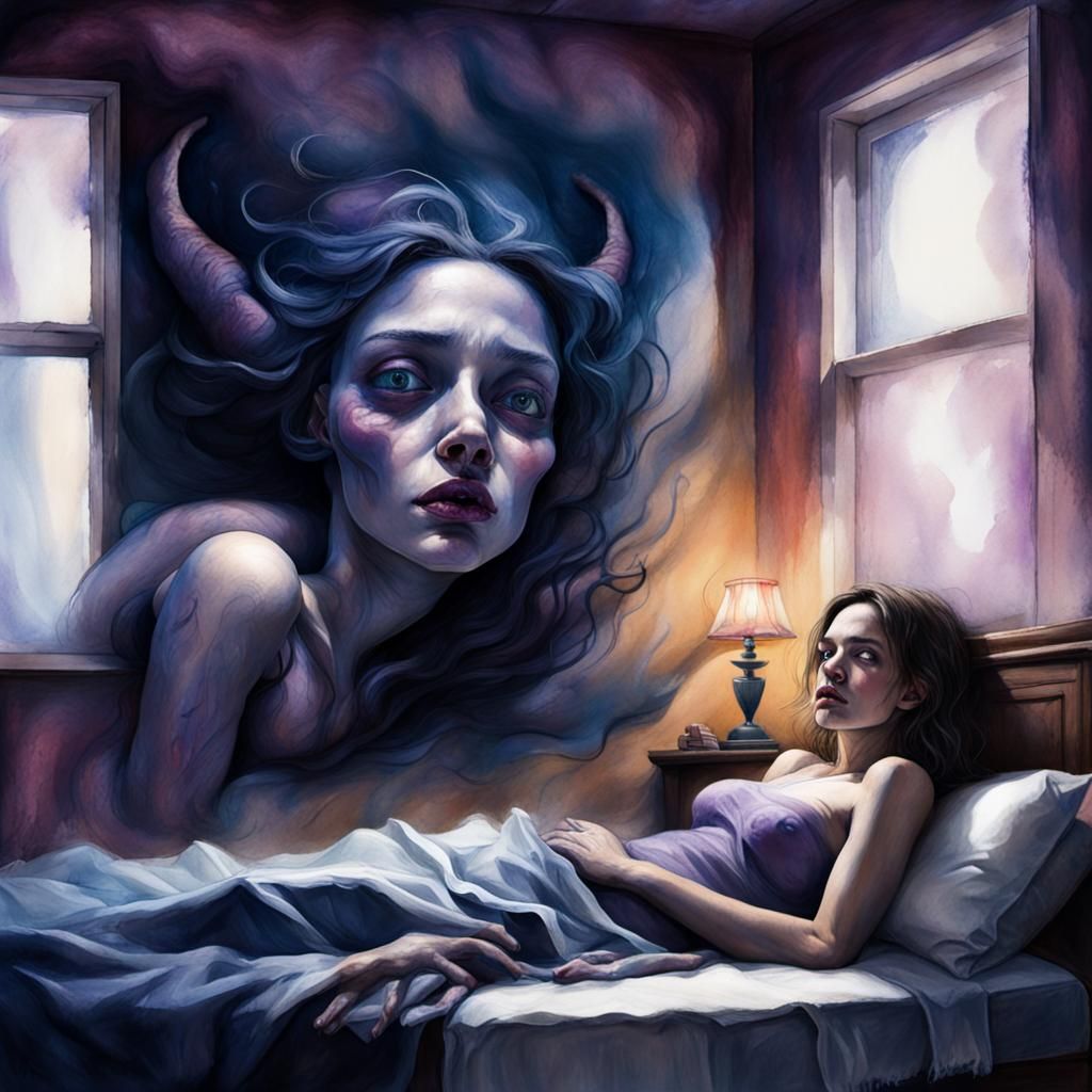 Distorted Demon Looms Over Woman: Hyperrealistic Art