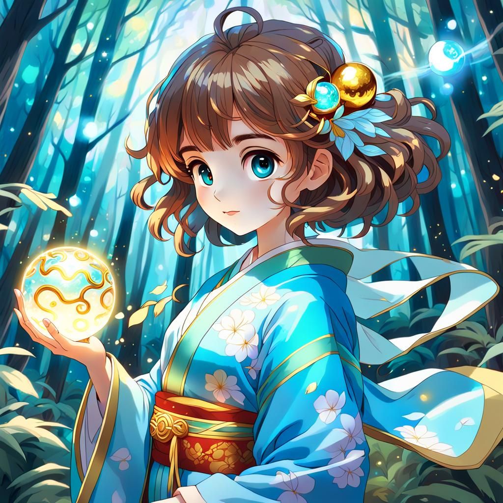 Anime Girl in Mystical Forest, Art Nouveau Style