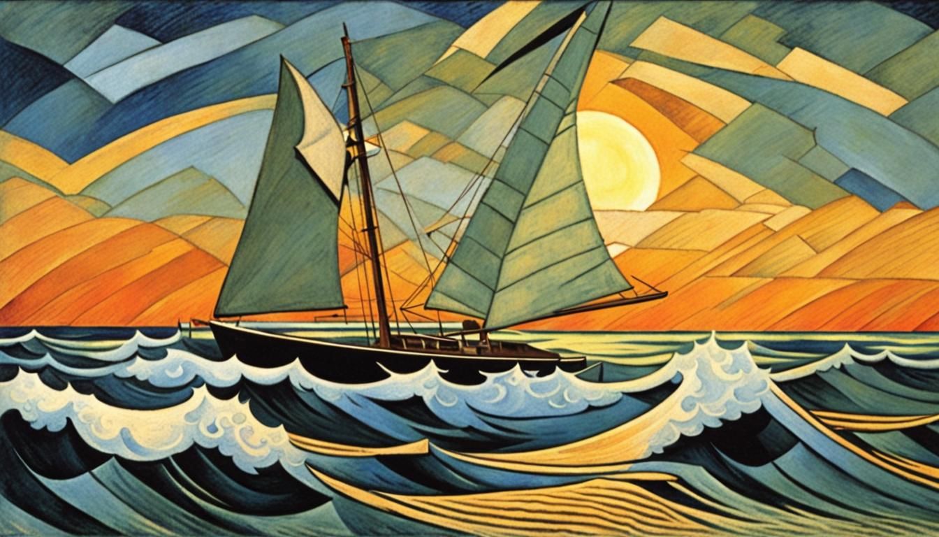 Sailboat in Rough Seas: Cubist Graphic Novel Style