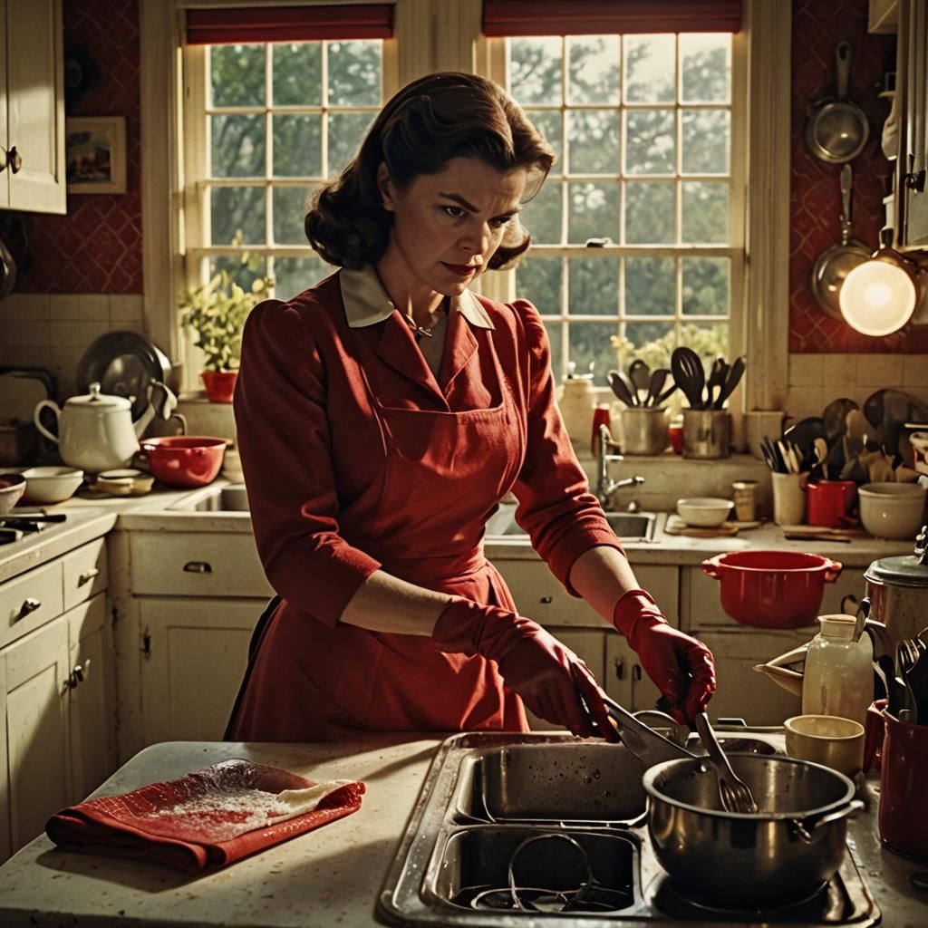 Stepford Wife in 1950s Kitchen, Red Rubber Gloves, Noir-Insp...