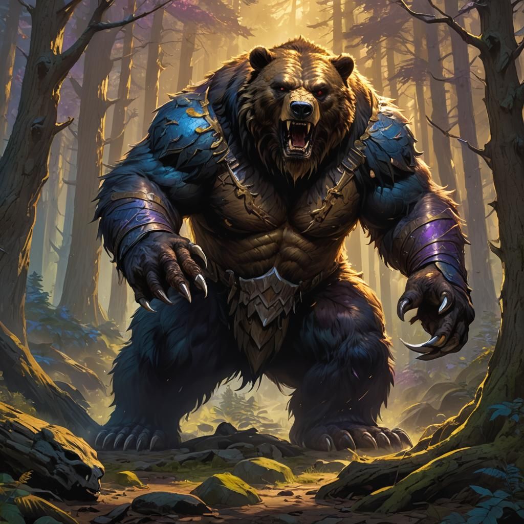 Ferocious Bugbear Strikes in Forest: Fantasy Art