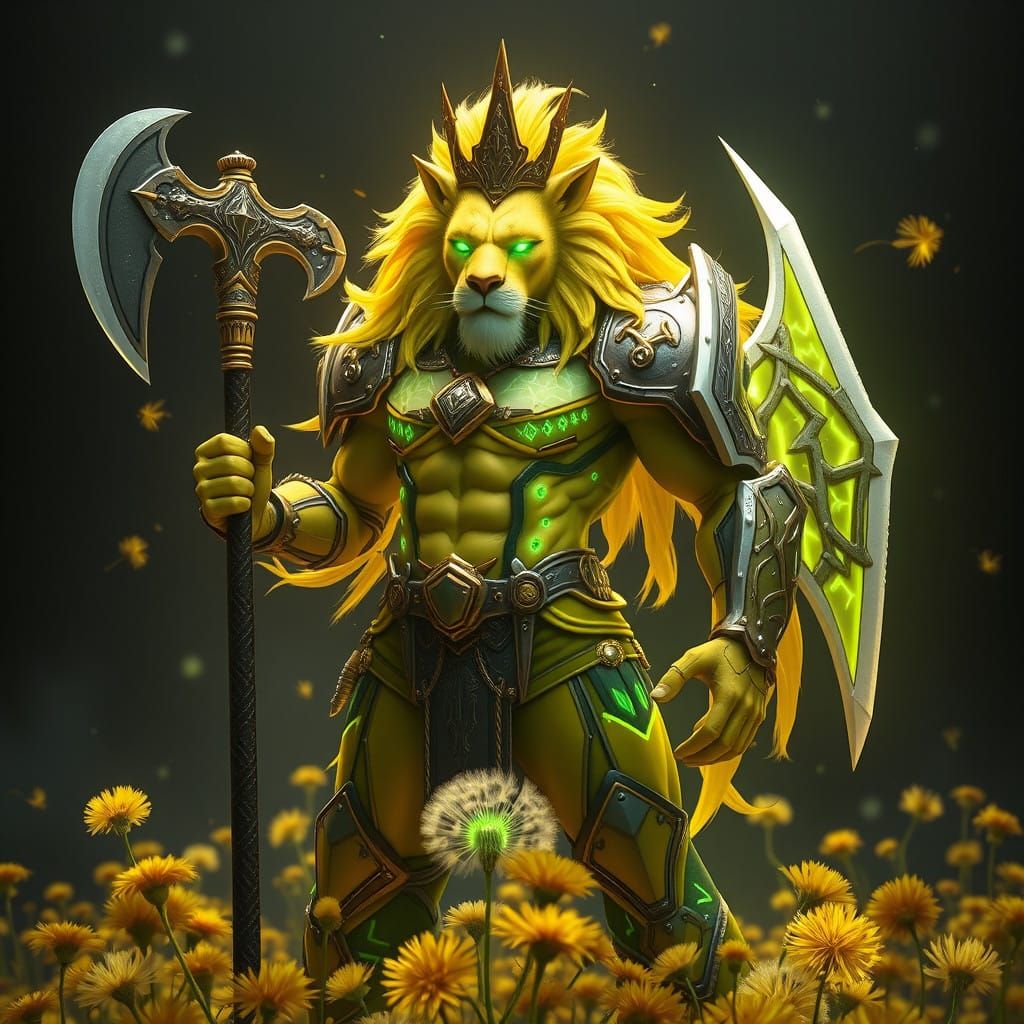 Cyberpunk Regent: Majestic Yellow Dandy-Lion Cyborg in Rococ...
