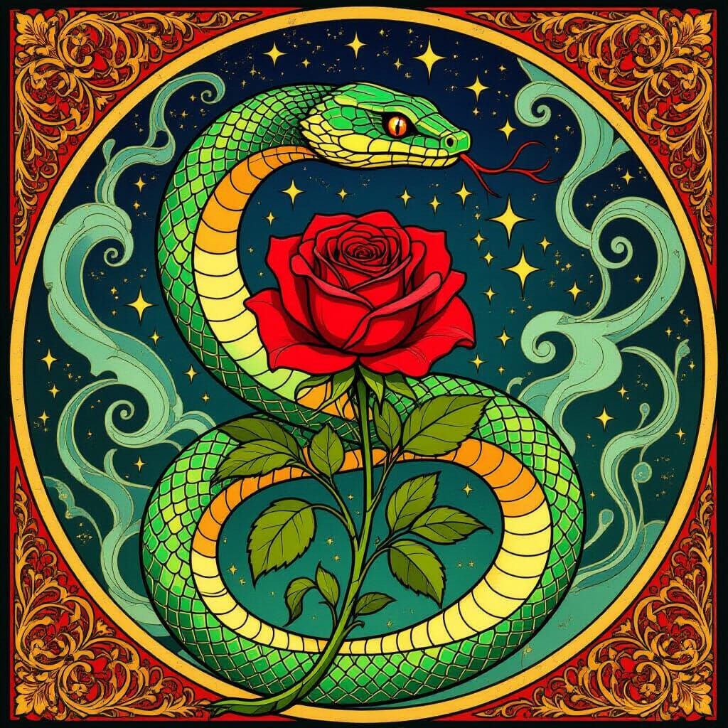 Art Nouveau Serpent and Rose with Iridescent Scales