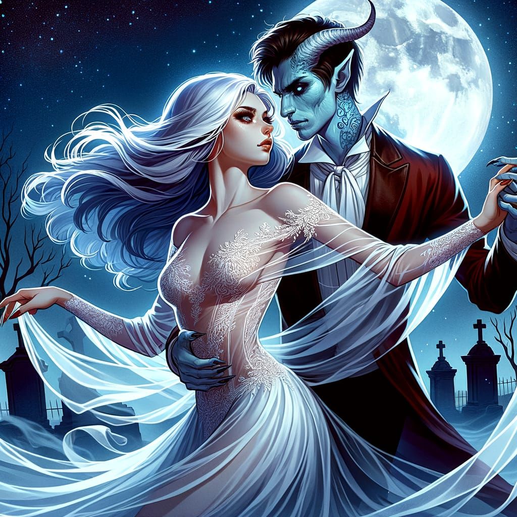 Ethereal Dance: Ghost and Demon in Moonlight, Digital Art