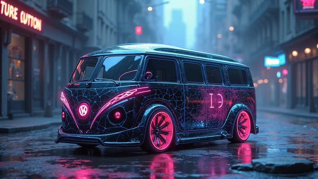 Quantum VW T1 Bus in Cyberpunk Cityscape