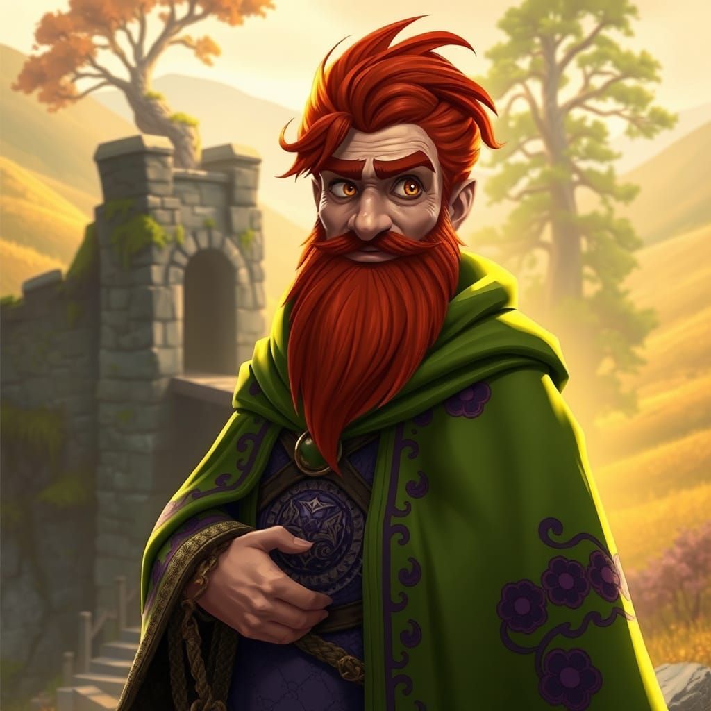 Mysterious Threshold Guardian with Red Beard and Green Cloak