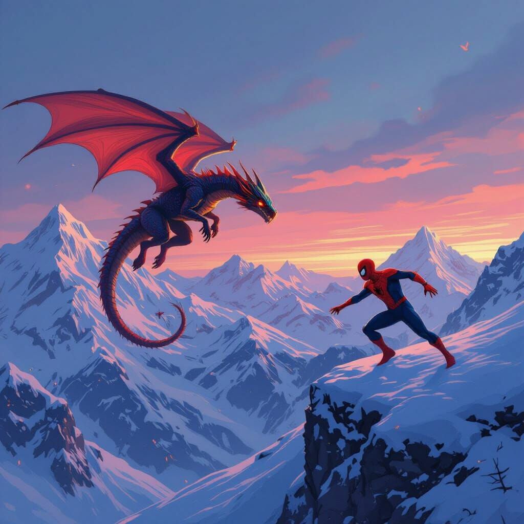 Dragon Soaring Over Mountains Chasing Spiderman
