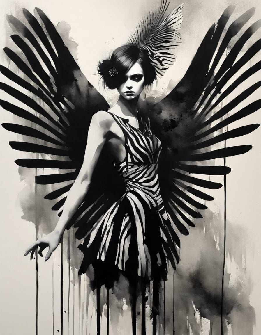 Ethereal Goth Angel with Zebra Print Wings in Dark, Moody Ch...