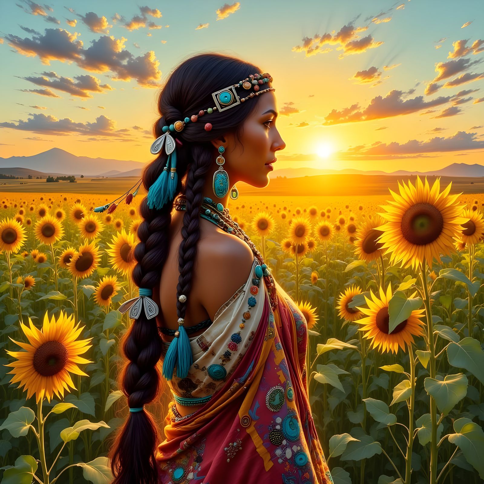 Native American Woman in Sunflower Field