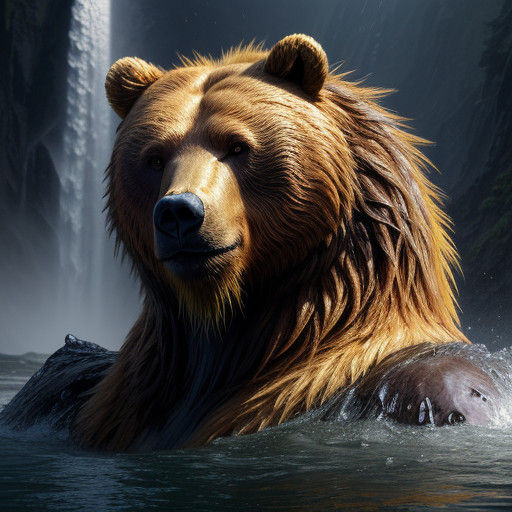 Majestic Brown Bear Hunts Salmon in Sunset Waterfall