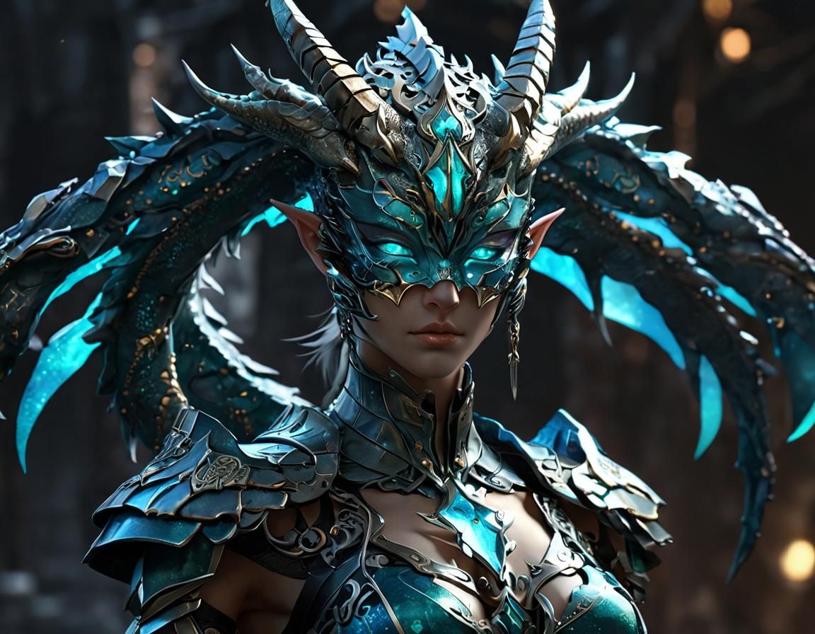 Dragon Humanoid with Metallic Mask in 3D Anime Art