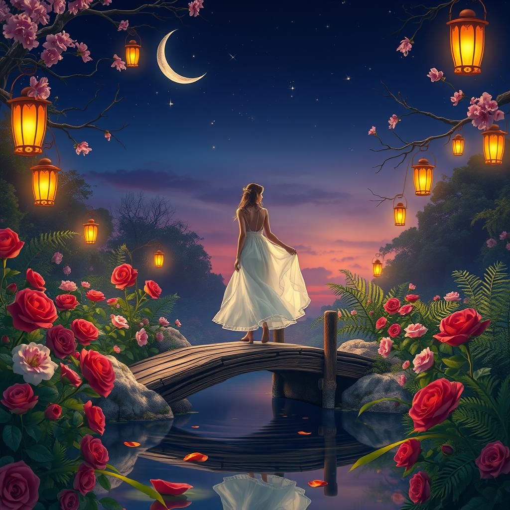 🌙✨nighttime garden scene with a small wooden bridge✨🌙