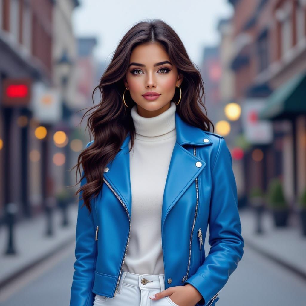 Girl in Blue Jacket Against Autumn Cityscape