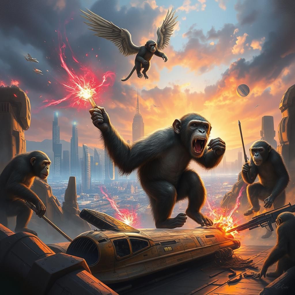 Chimpanzee Battle: Magic vs Sci-Fi in Whimsical Style