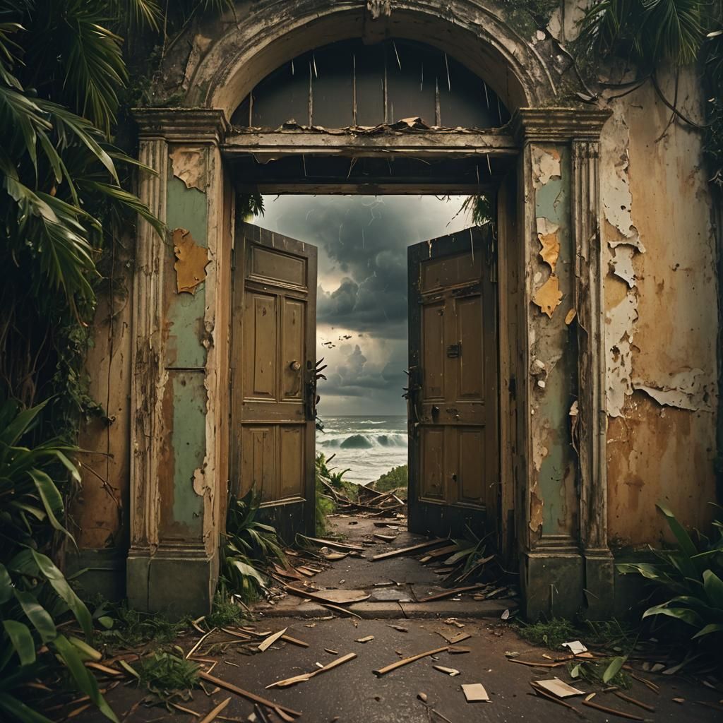 Tropical Paradise Doorway Amidst War: Cinematic Still